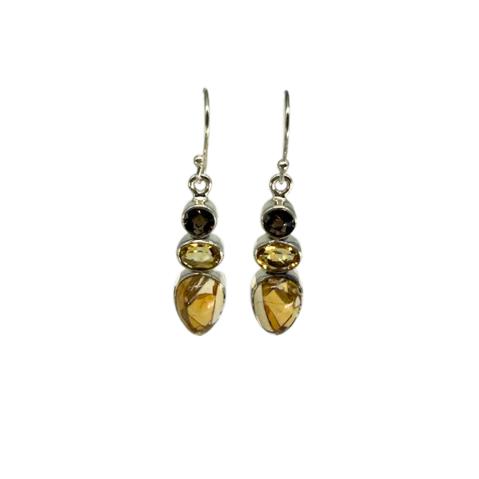 Brecciated Mookaite, Citrine, & Smoky Quartz Earrings