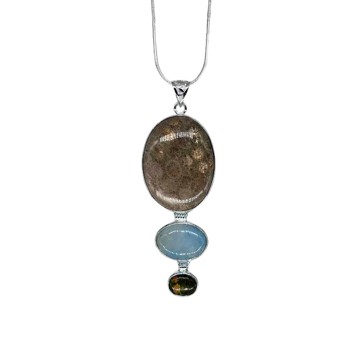 Fossil Coral, Angelite, and Unakite Necklace