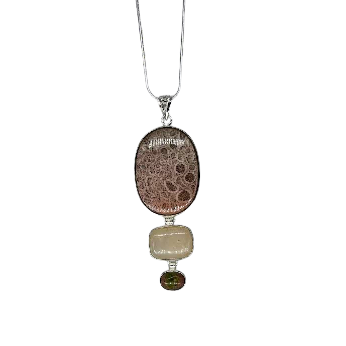 Fossil Coral, Quartz, and Unakite Necklace