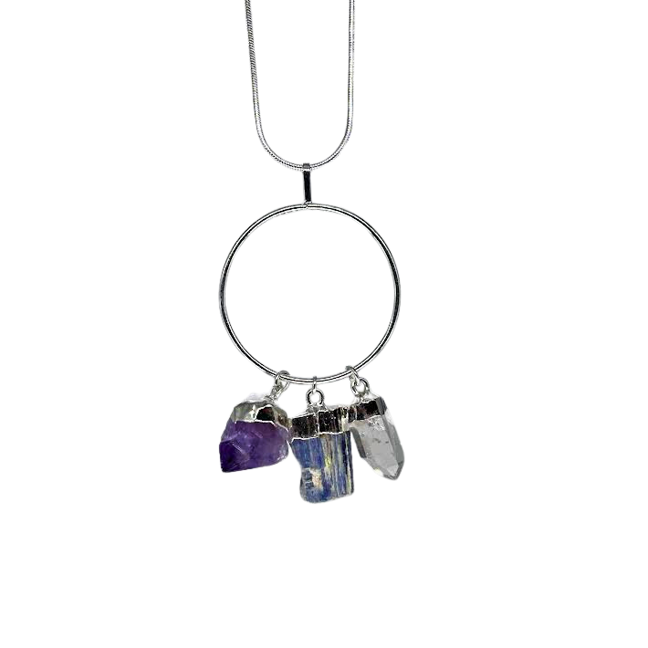 Quartz, Amethyst, and Kyanite Ring Necklace