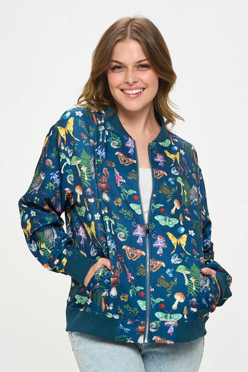 Teal Moth & Mushroom Bomber Jacket