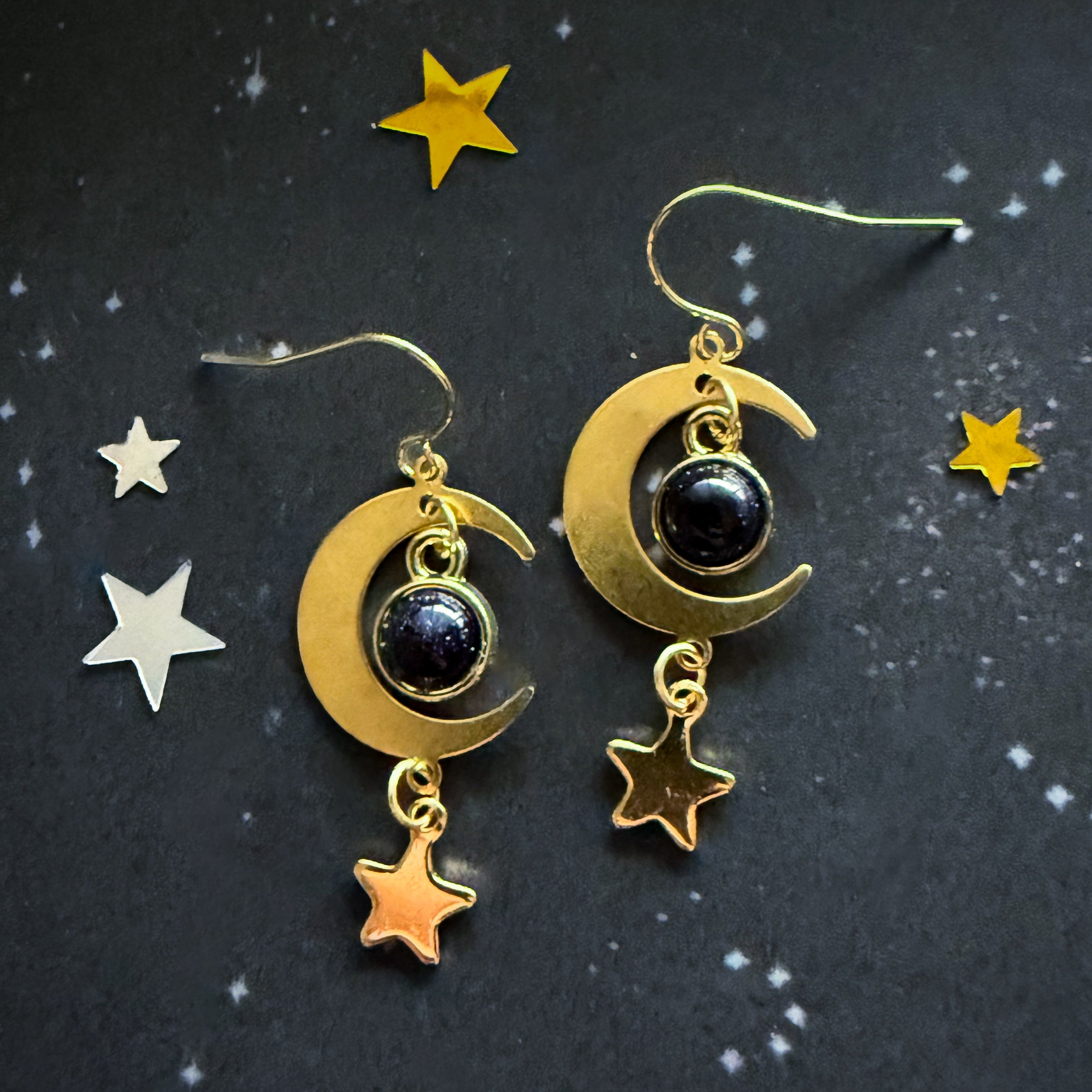 Starlit Crescent Earrings with Blue Goldstone