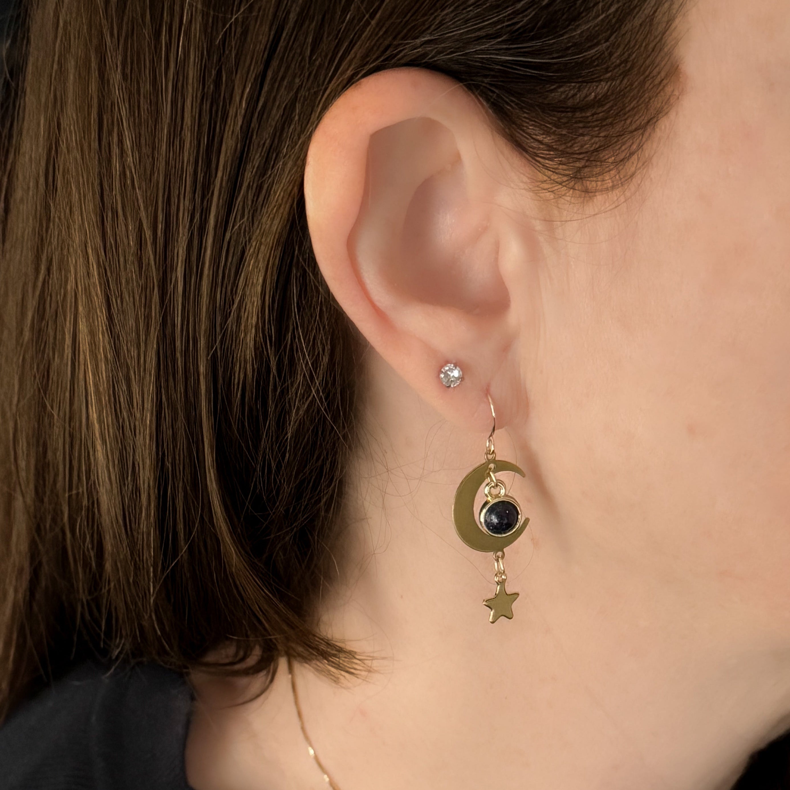 Starlit Crescent Earrings with Blue Goldstone