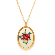 Needlepoint Pink Flower Vintage Cameo Necklace