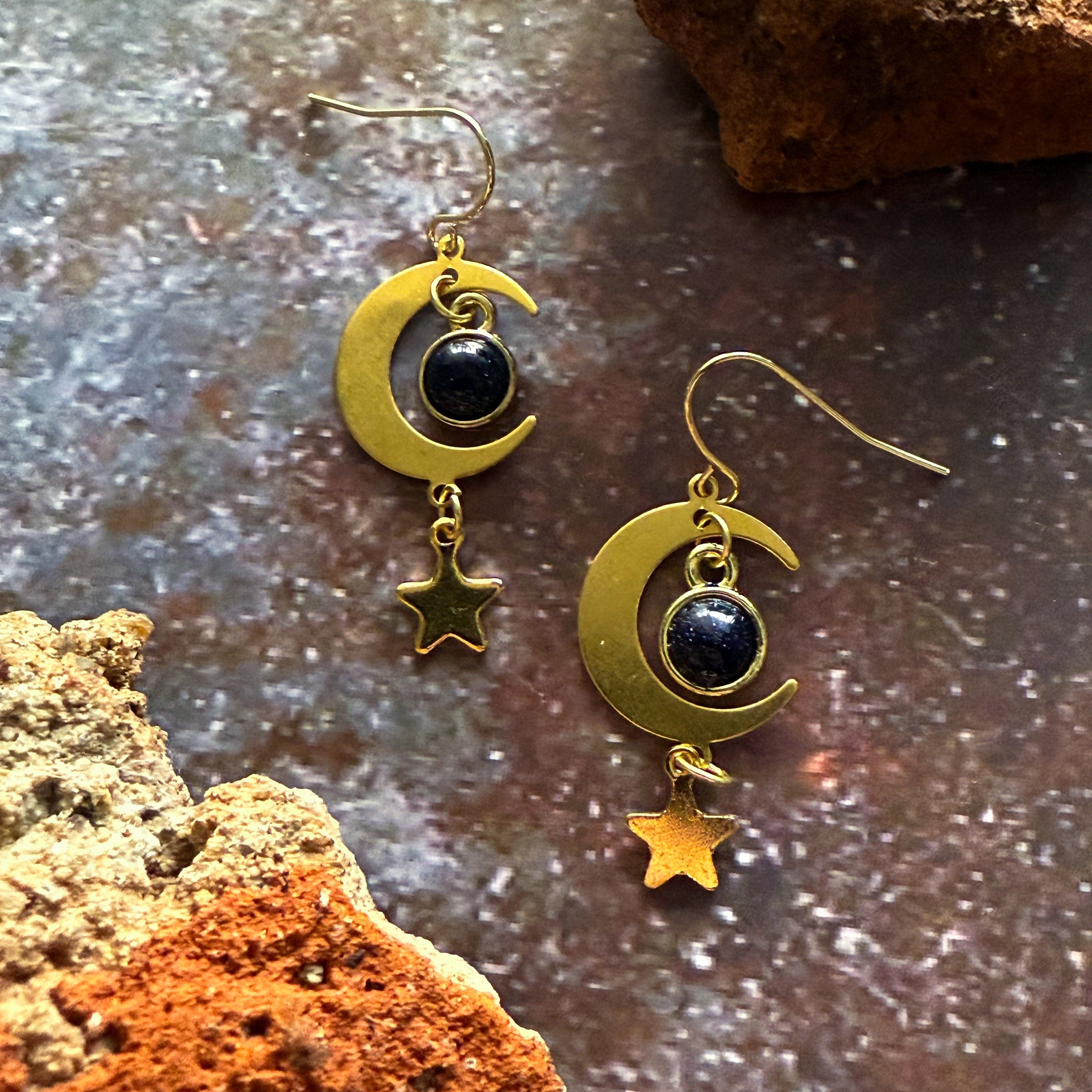 Starlit Crescent Earrings with Blue Goldstone