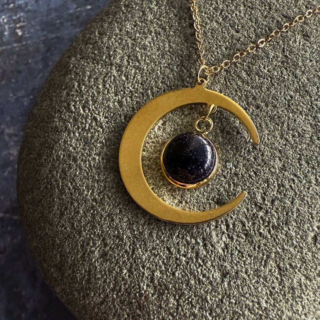 Starlit Crescent Necklace with Blue Goldstone
