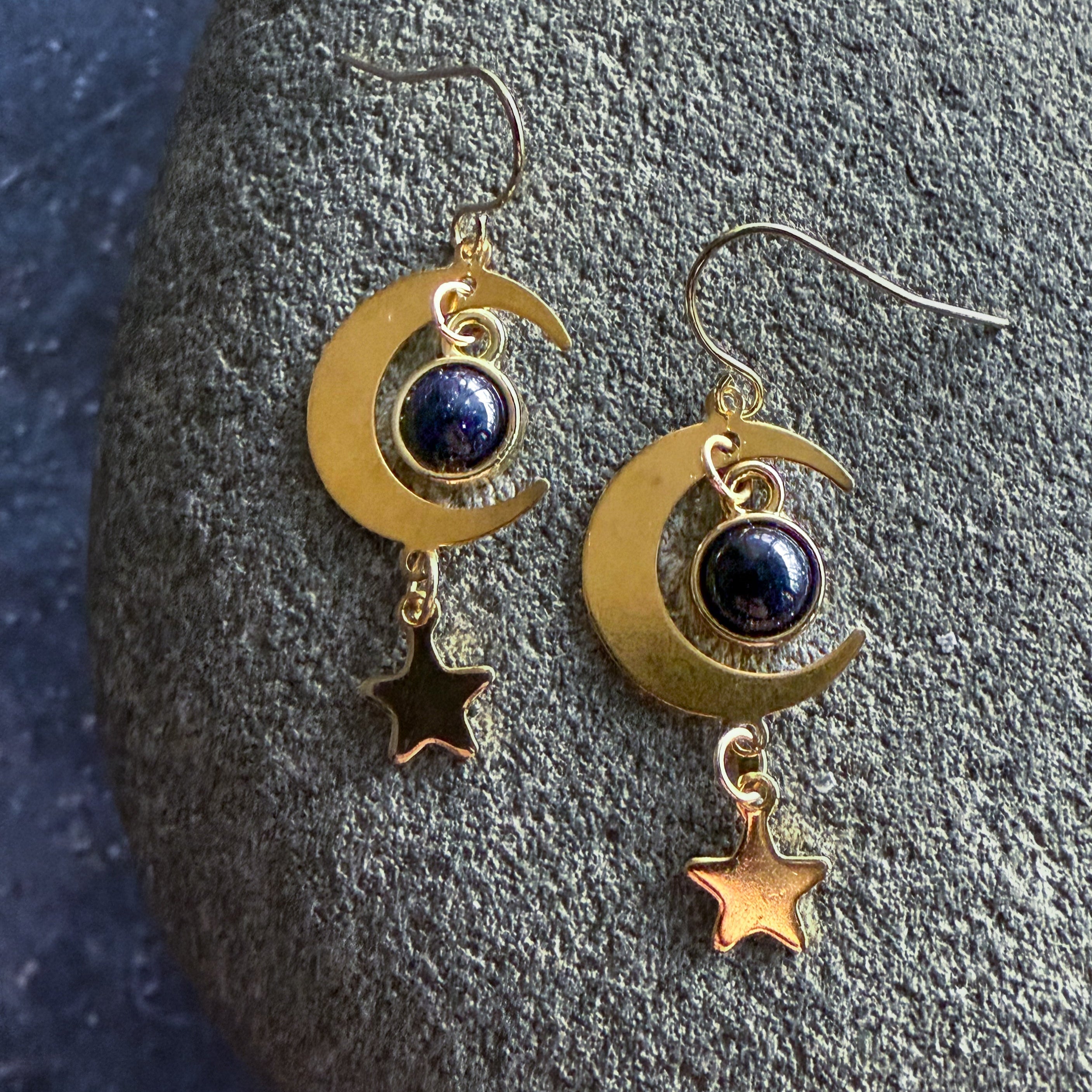 Starlit Crescent Earrings with Blue Goldstone