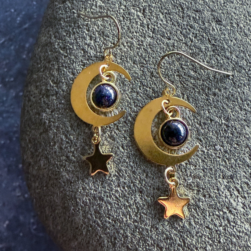 Starlit Crescent Earrings with Blue Goldstone