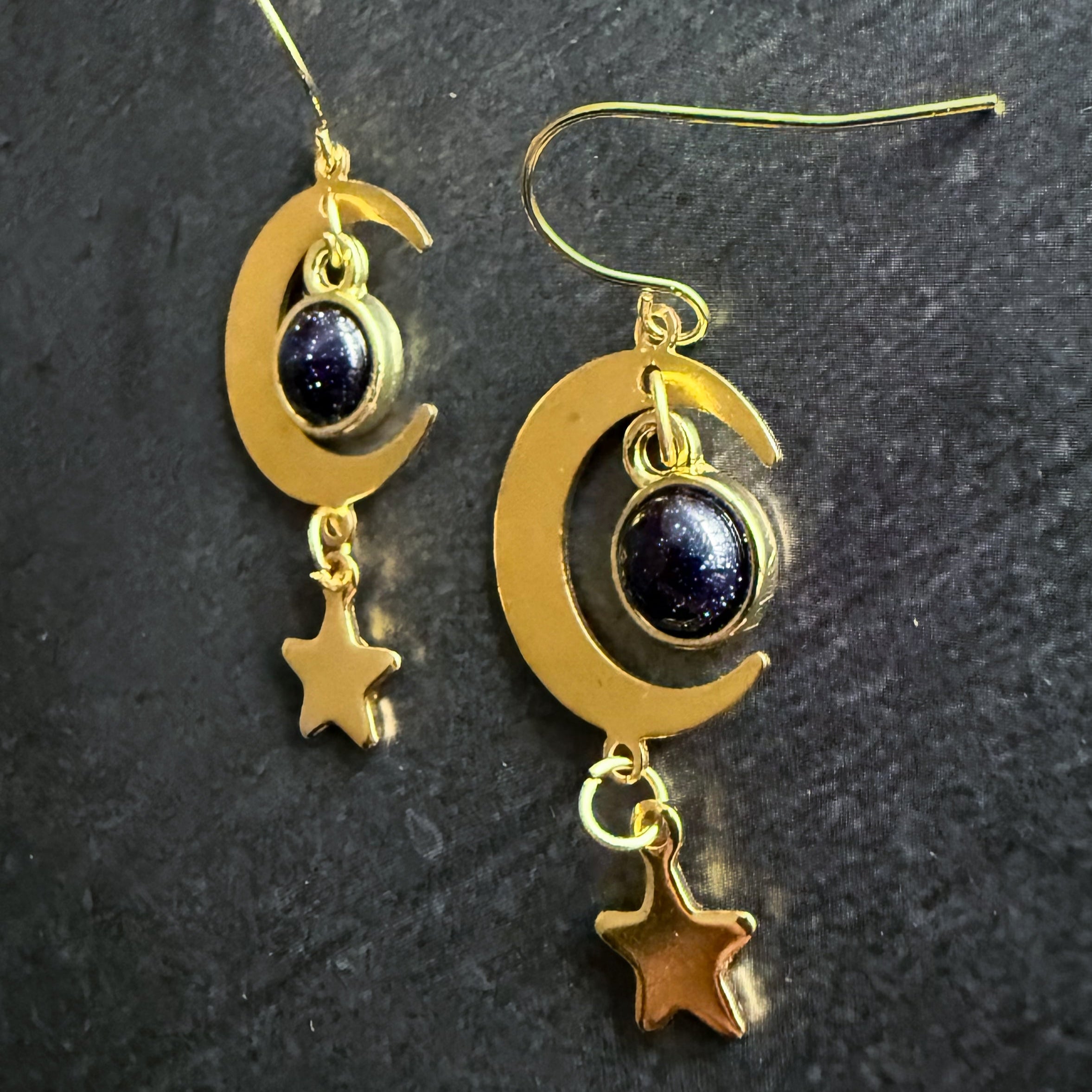 Starlit Crescent Earrings with Blue Goldstone
