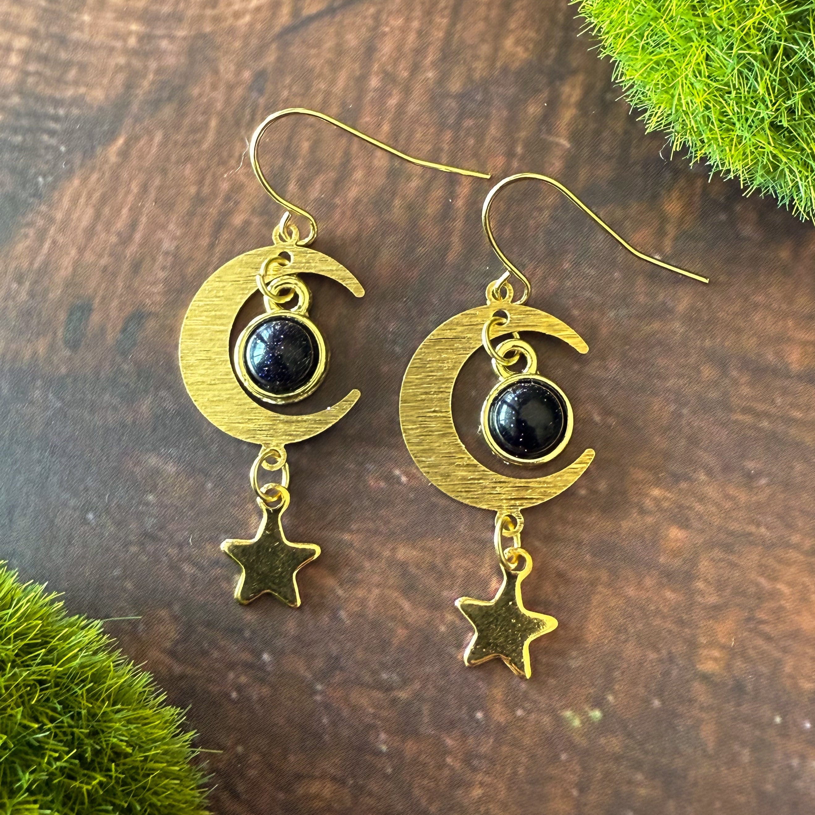 Starlit Crescent Earrings with Blue Goldstone