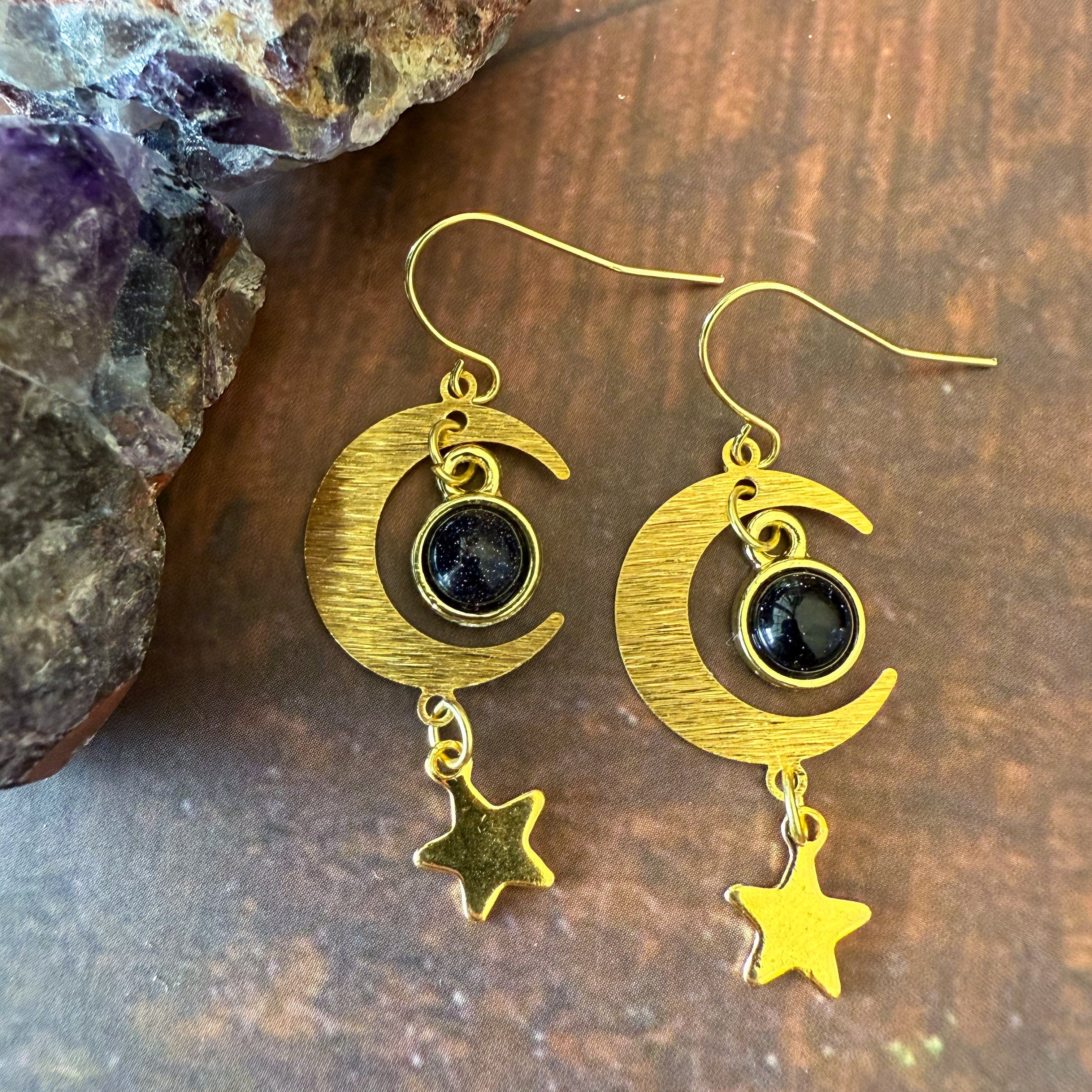 Starlit Crescent Earrings with Blue Goldstone