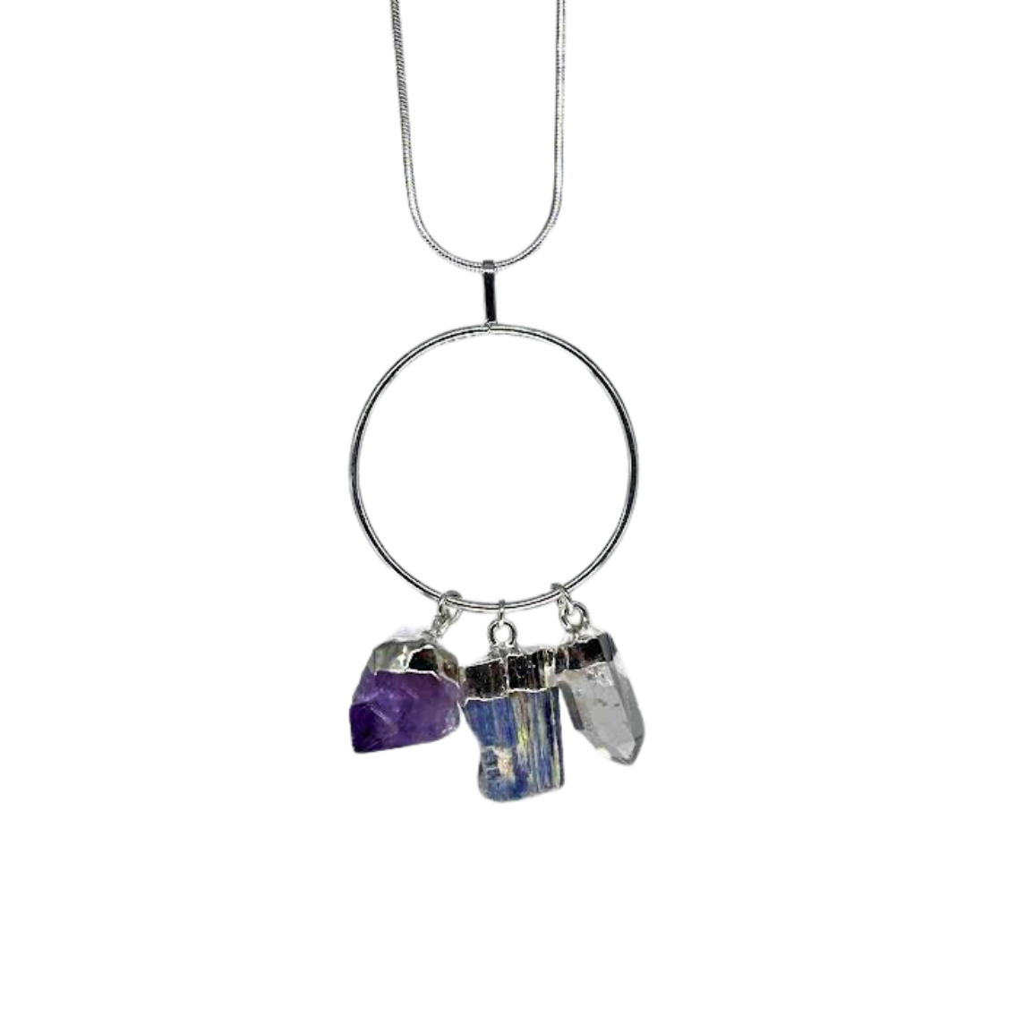 Quartz, Amethyst, and Kyanite Ring Necklace