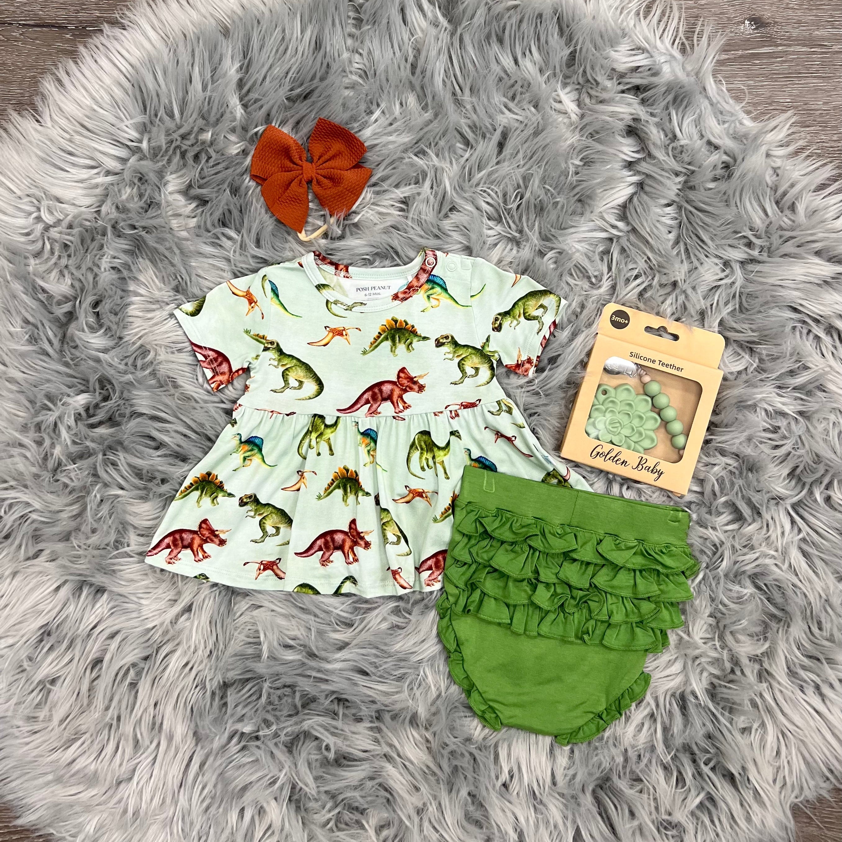 Bamboo Dino Peplum Ruffled Bummie Set
