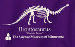 Purple Brontosaurus hoodie design up close featuring a Brontosaurus skeleton and the "Thunder Lizard" name